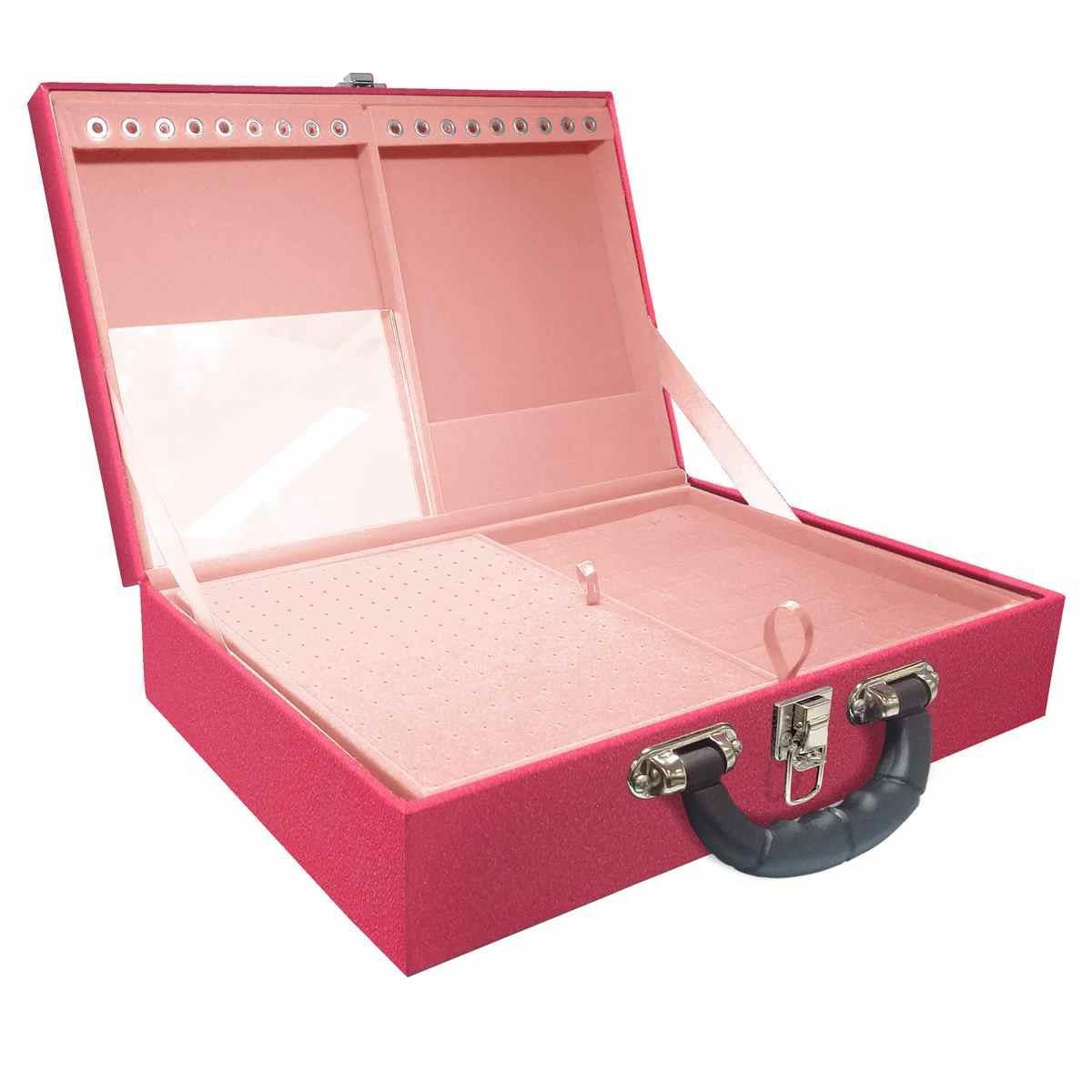 Estojo Maleta Porta Jóias Duplo Grande Krusher Pink Com Alça Preta e Espelho