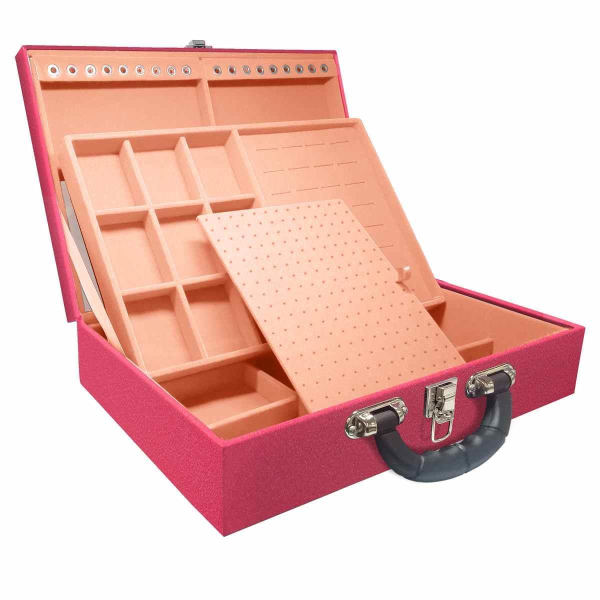 Estojo Maleta Porta Jóias Duplo Grande Krusher Pink Com Alça Preta e Espelho