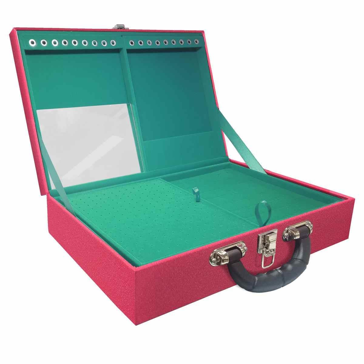 Estojo Maleta Porta Jóias Duplo Grande Krusher Pink Com Alça Preta e Espelho
