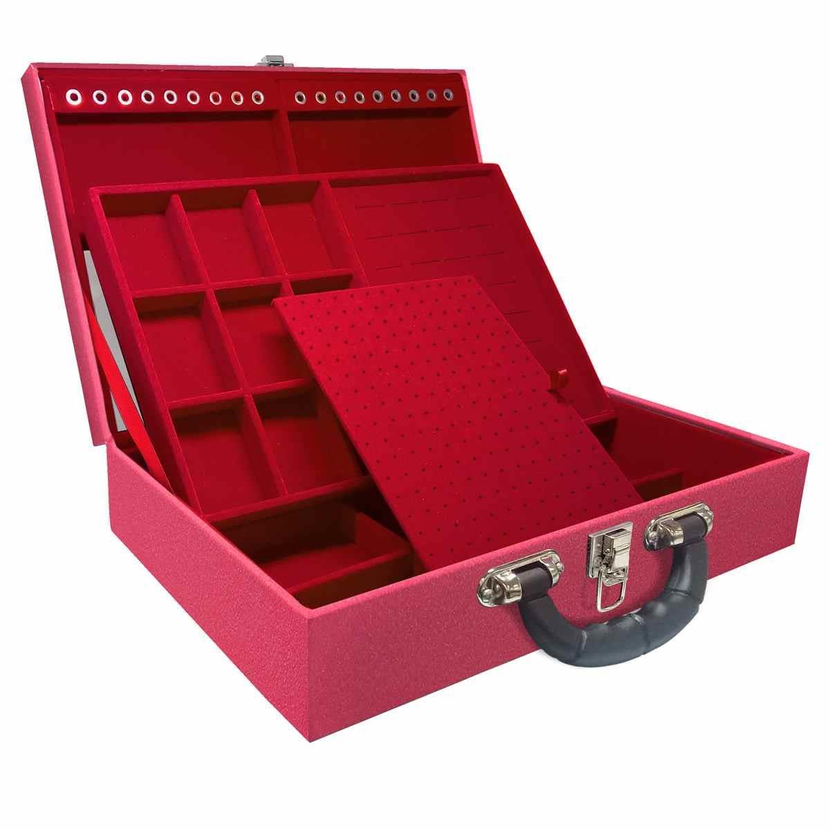 Estojo Maleta Porta Jóias Duplo Grande Krusher Pink Com Alça Preta e Espelho