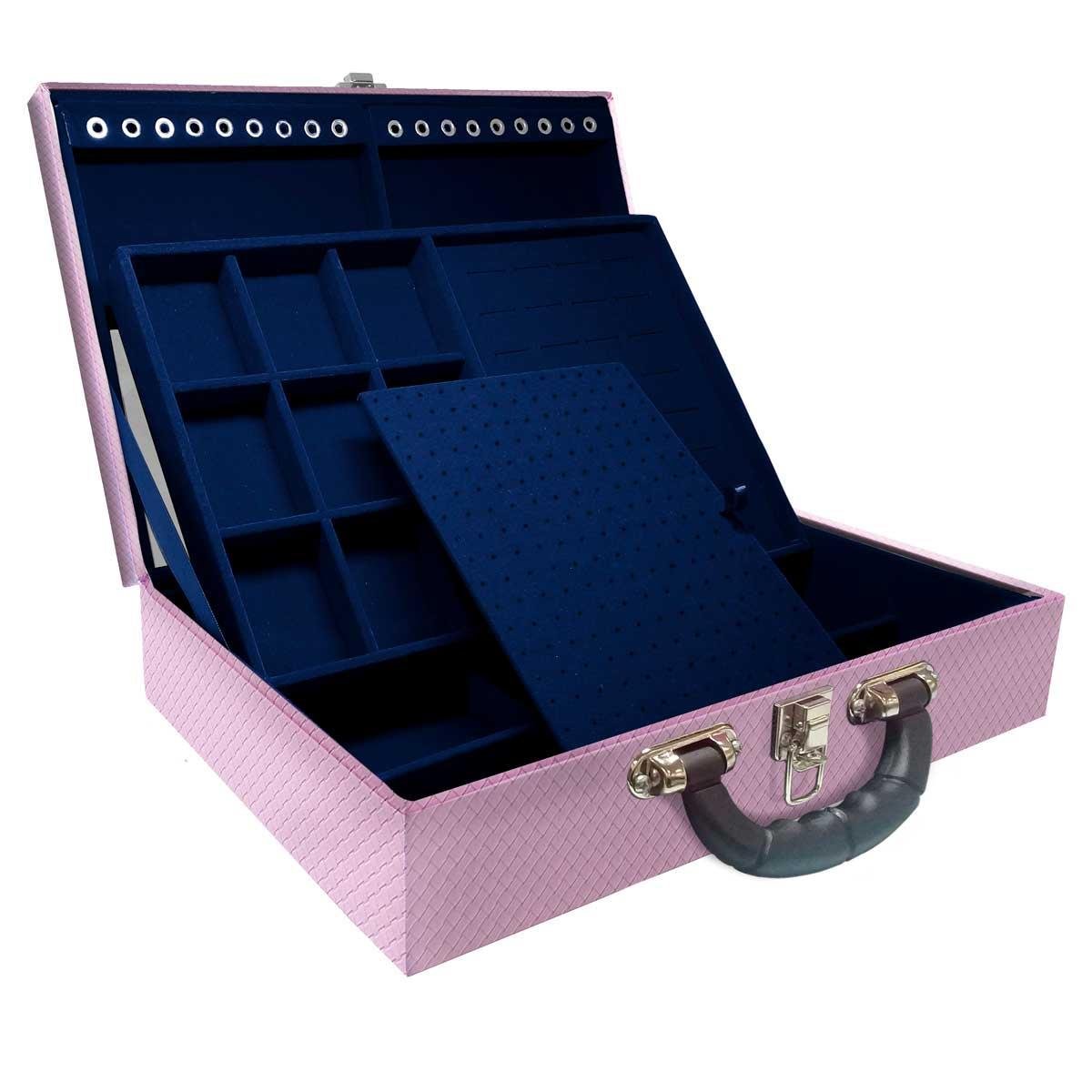 Estojo Maleta Porta Jóias Duplo Grande Ladrilhado Lilás Com Alça Preta e Espelho
