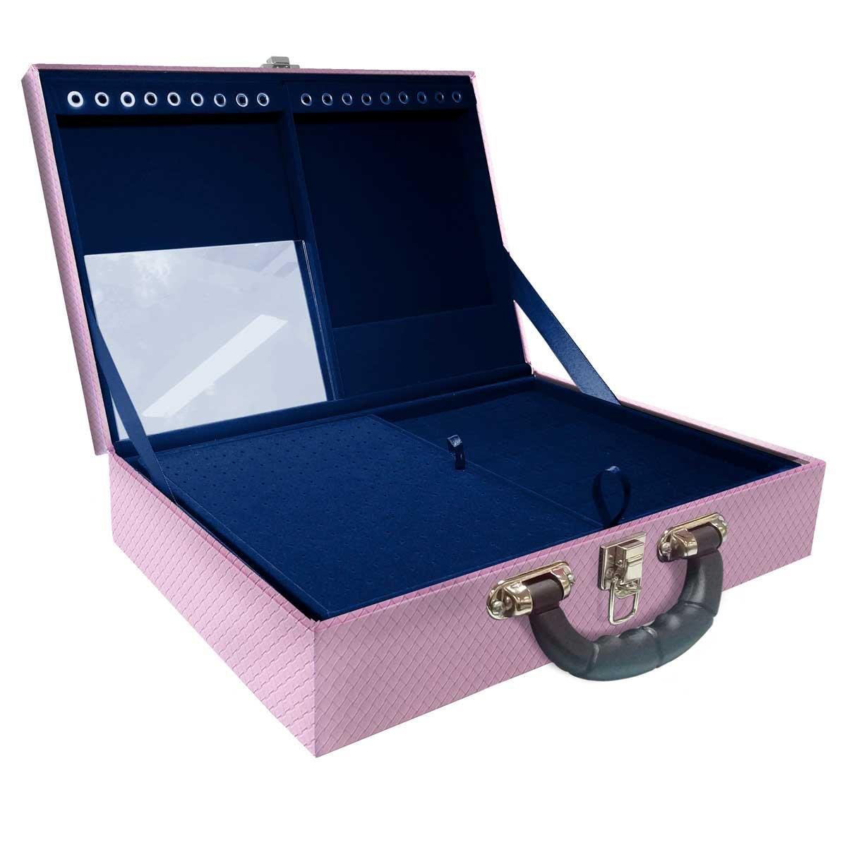 Estojo Maleta Porta Jóias Duplo Grande Ladrilhado Lilás Com Alça Preta e Espelho