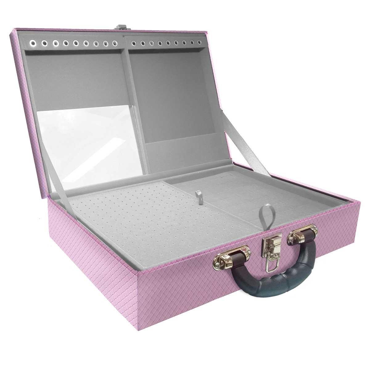 Estojo Maleta Porta Jóias Duplo Grande Ladrilhado Lilás Com Alça Preta e Espelho