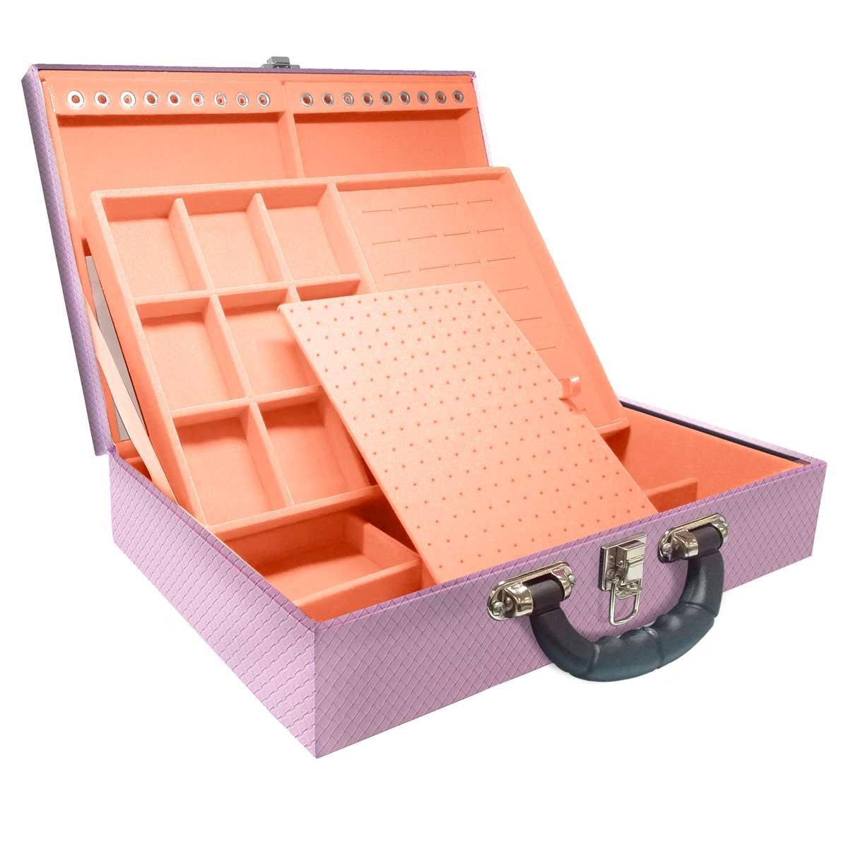 Estojo Maleta Porta Jóias Duplo Grande Ladrilhado Lilás Com Alça Preta e Espelho