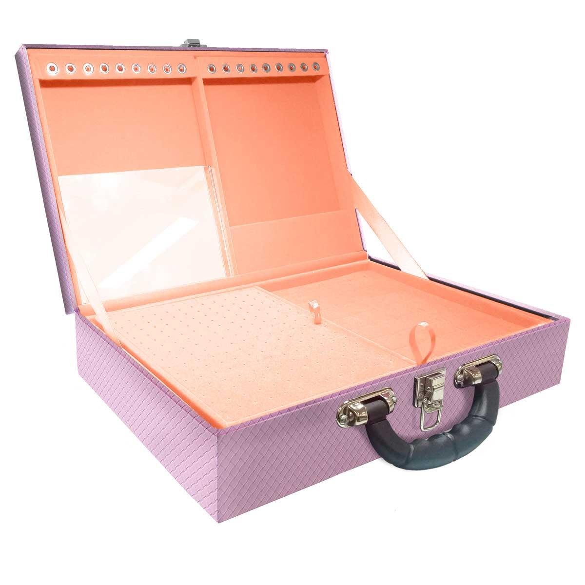 Estojo Maleta Porta Jóias Duplo Grande Ladrilhado Lilás Com Alça Preta e Espelho