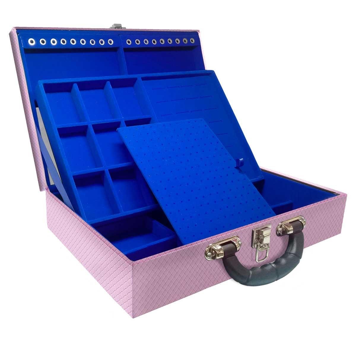 Estojo Maleta Porta Jóias Duplo Grande Ladrilhado Lilás Com Alça Preta e Espelho
