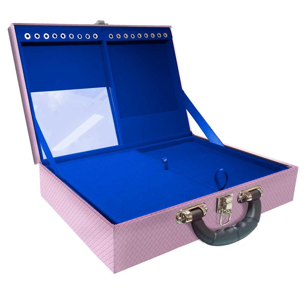 Estojo Maleta Porta Jóias Duplo Grande Ladrilhado Lilás Com Alça Preta e Espelho