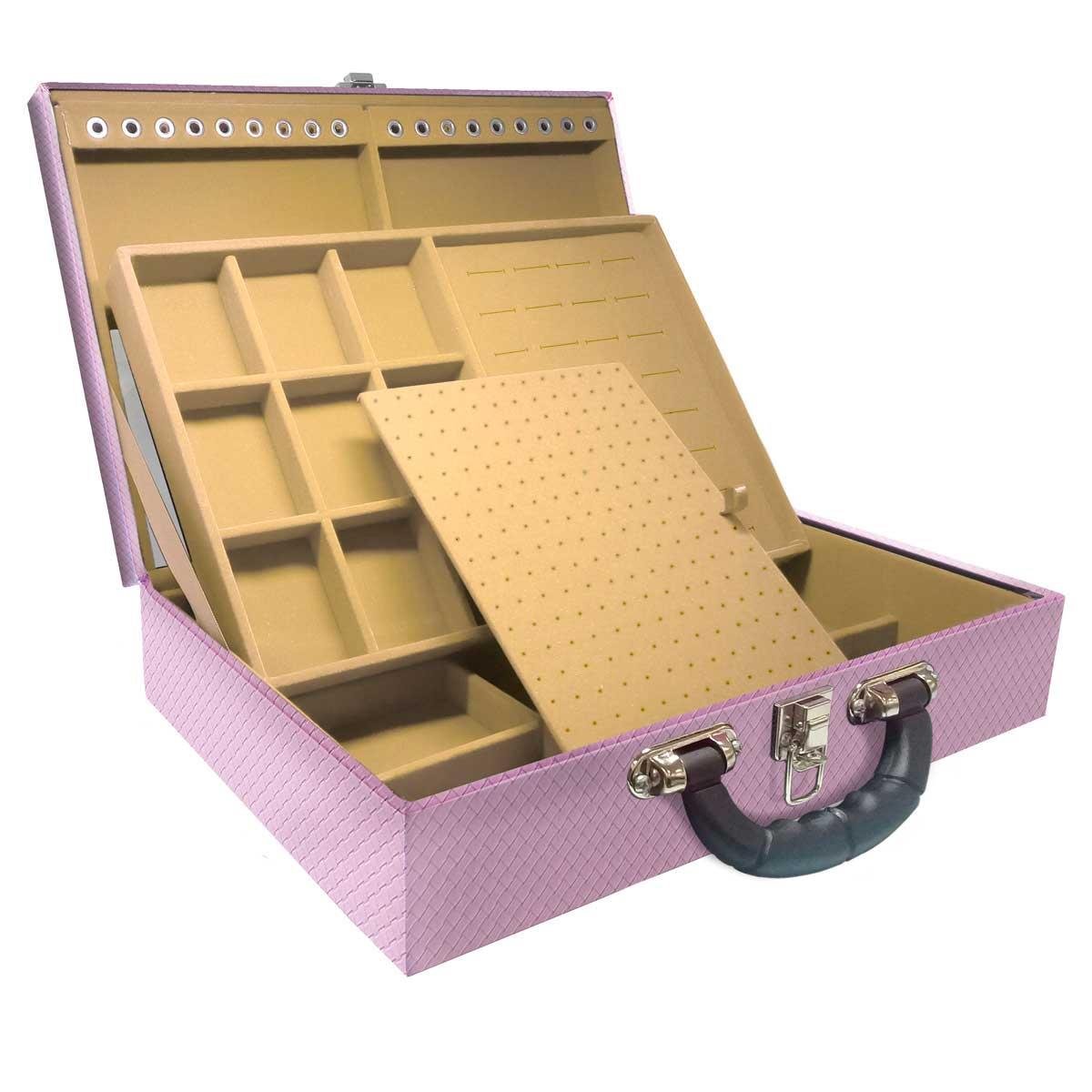 Estojo Maleta Porta Jóias Duplo Grande Ladrilhado Lilás Com Alça Preta e Espelho