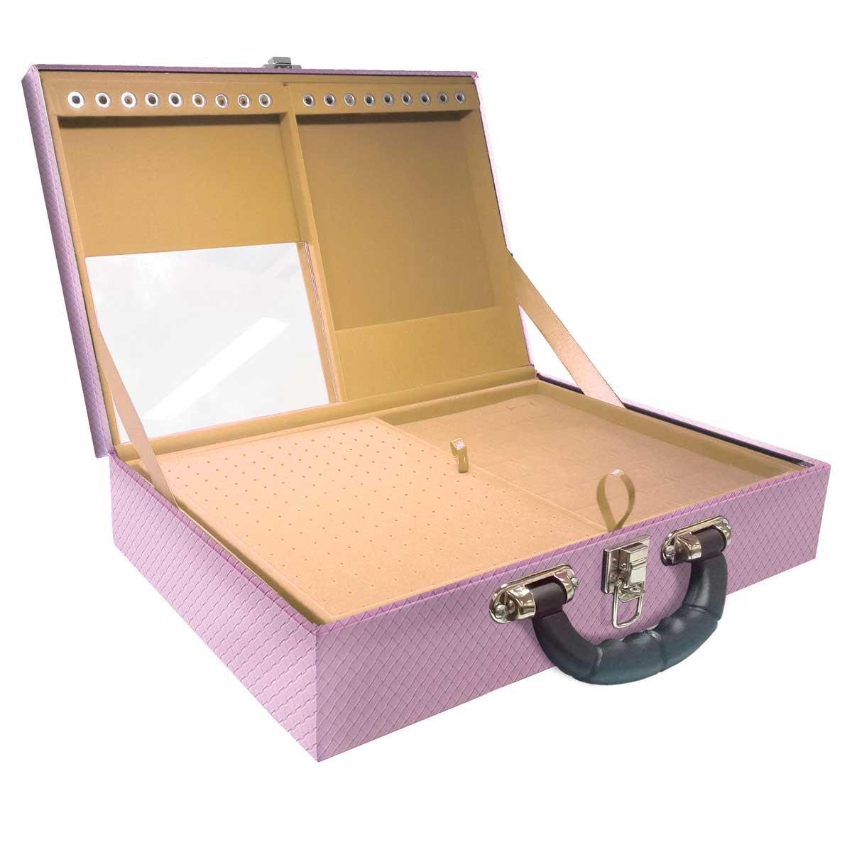 Estojo Maleta Porta Jóias Duplo Grande Ladrilhado Lilás Com Alça Preta e Espelho