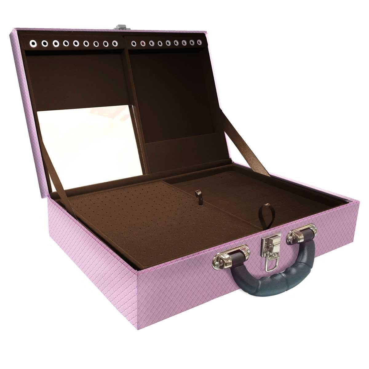 Estojo Maleta Porta Jóias Duplo Grande Ladrilhado Lilás Com Alça Preta e Espelho