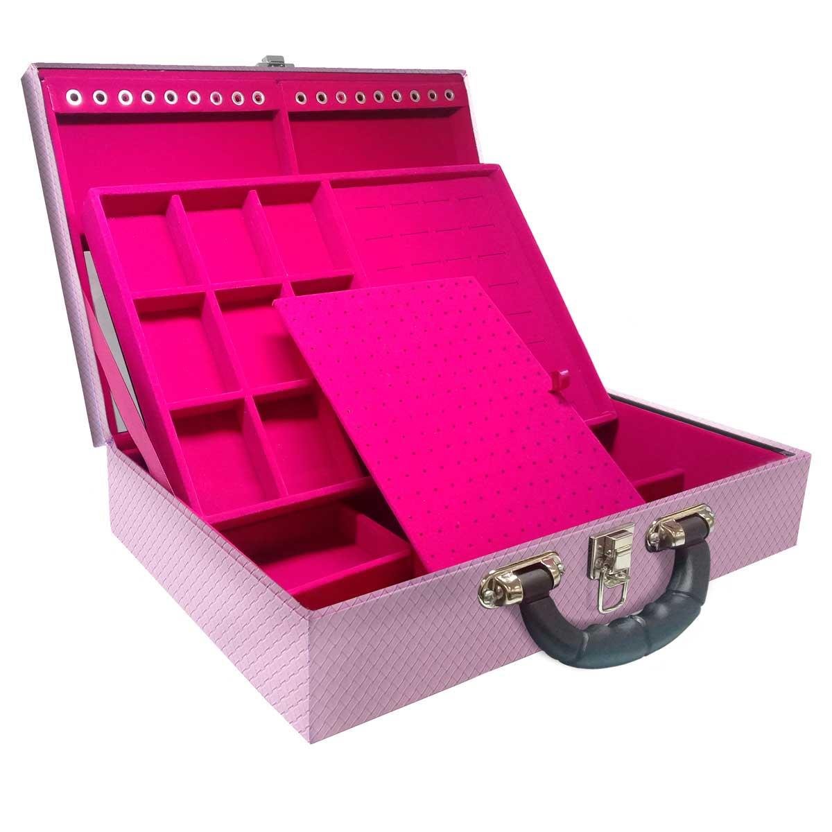 Estojo Maleta Porta Jóias Duplo Grande Ladrilhado Lilás Com Alça Preta e Espelho