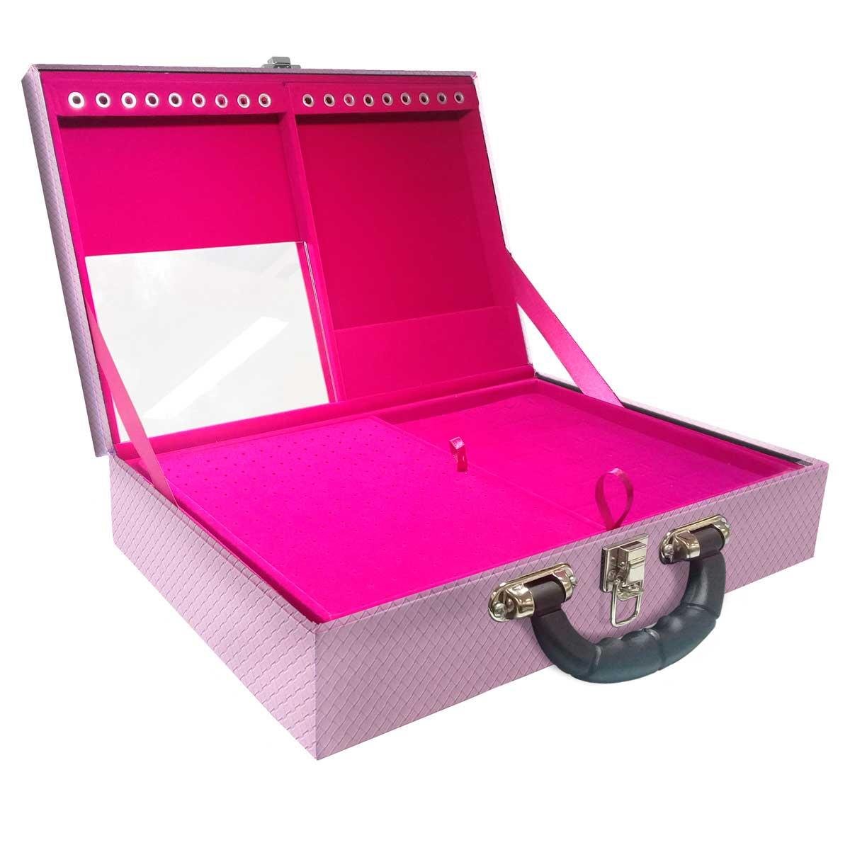 Estojo Maleta Porta Jóias Duplo Grande Ladrilhado Lilás Com Alça Preta e Espelho