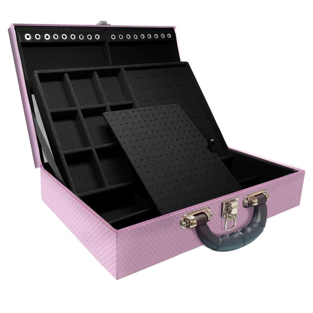 Estojo Maleta Porta Jóias Duplo Grande Ladrilhado Lilás Com Alça Preta e Espelho