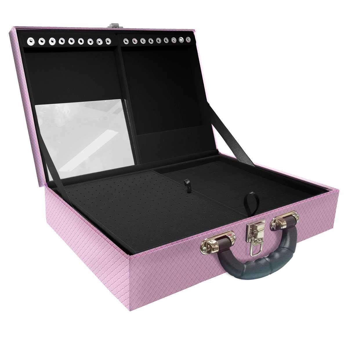 Estojo Maleta Porta Jóias Duplo Grande Ladrilhado Lilás Com Alça Preta e Espelho