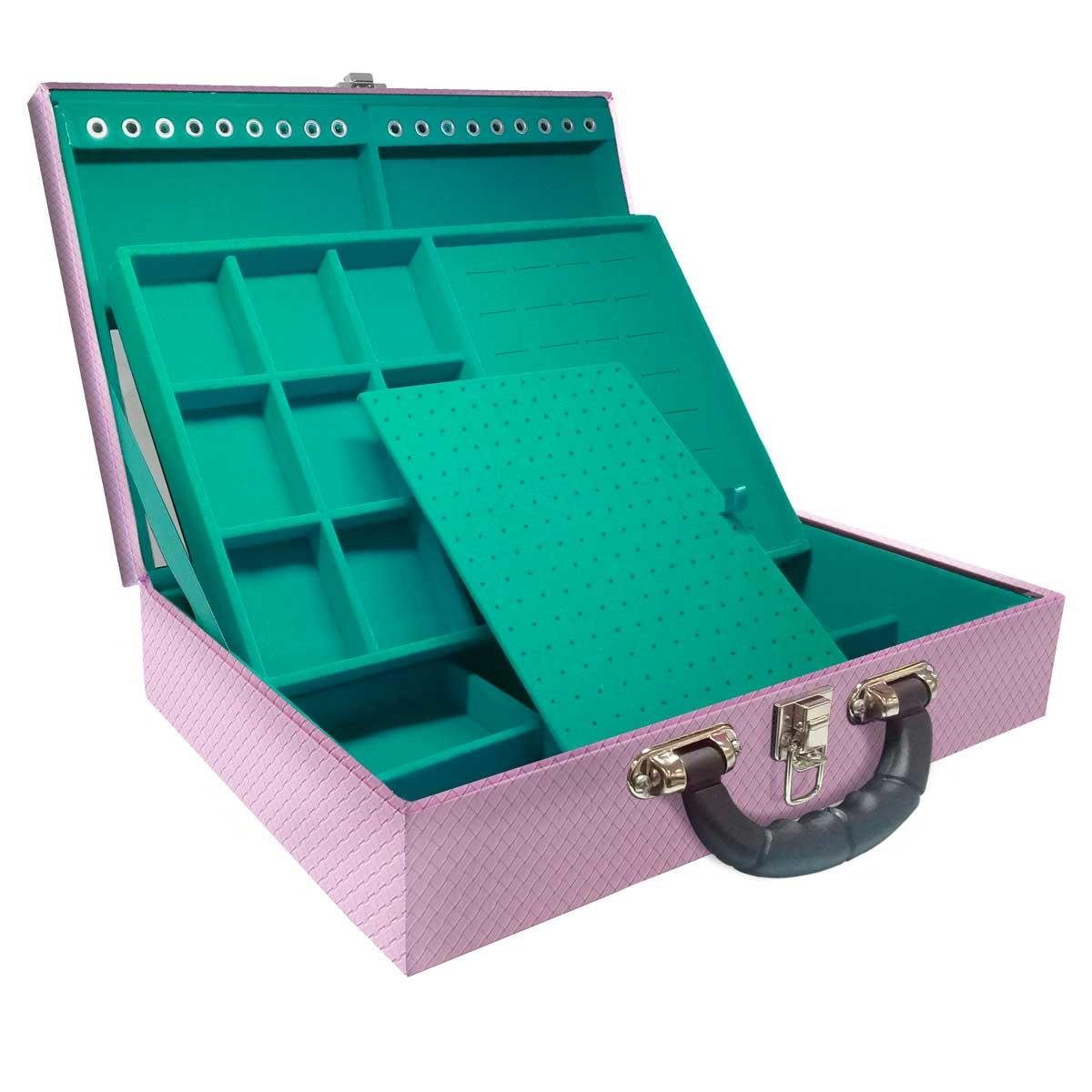 Estojo Maleta Porta Jóias Duplo Grande Ladrilhado Lilás Com Alça Preta e Espelho