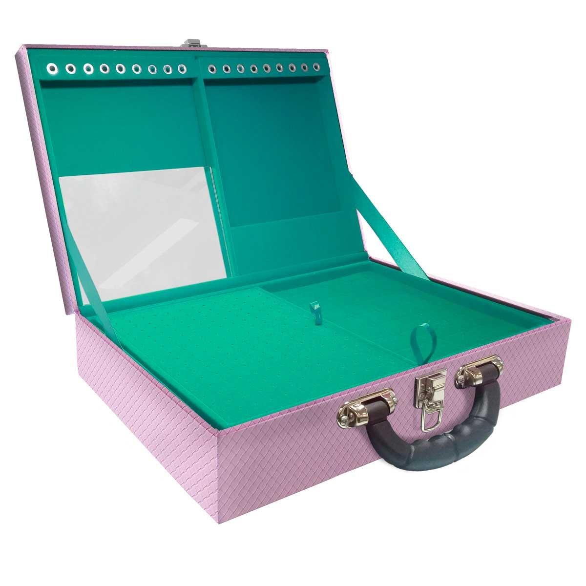 Estojo Maleta Porta Jóias Duplo Grande Ladrilhado Lilás Com Alça Preta e Espelho