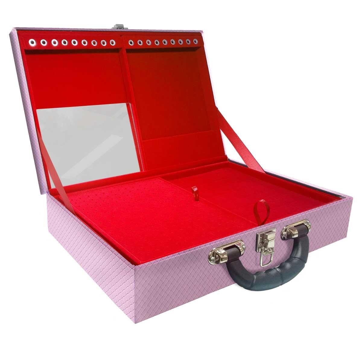 Estojo Maleta Porta Jóias Duplo Grande Ladrilhado Lilás Com Alça Preta e Espelho