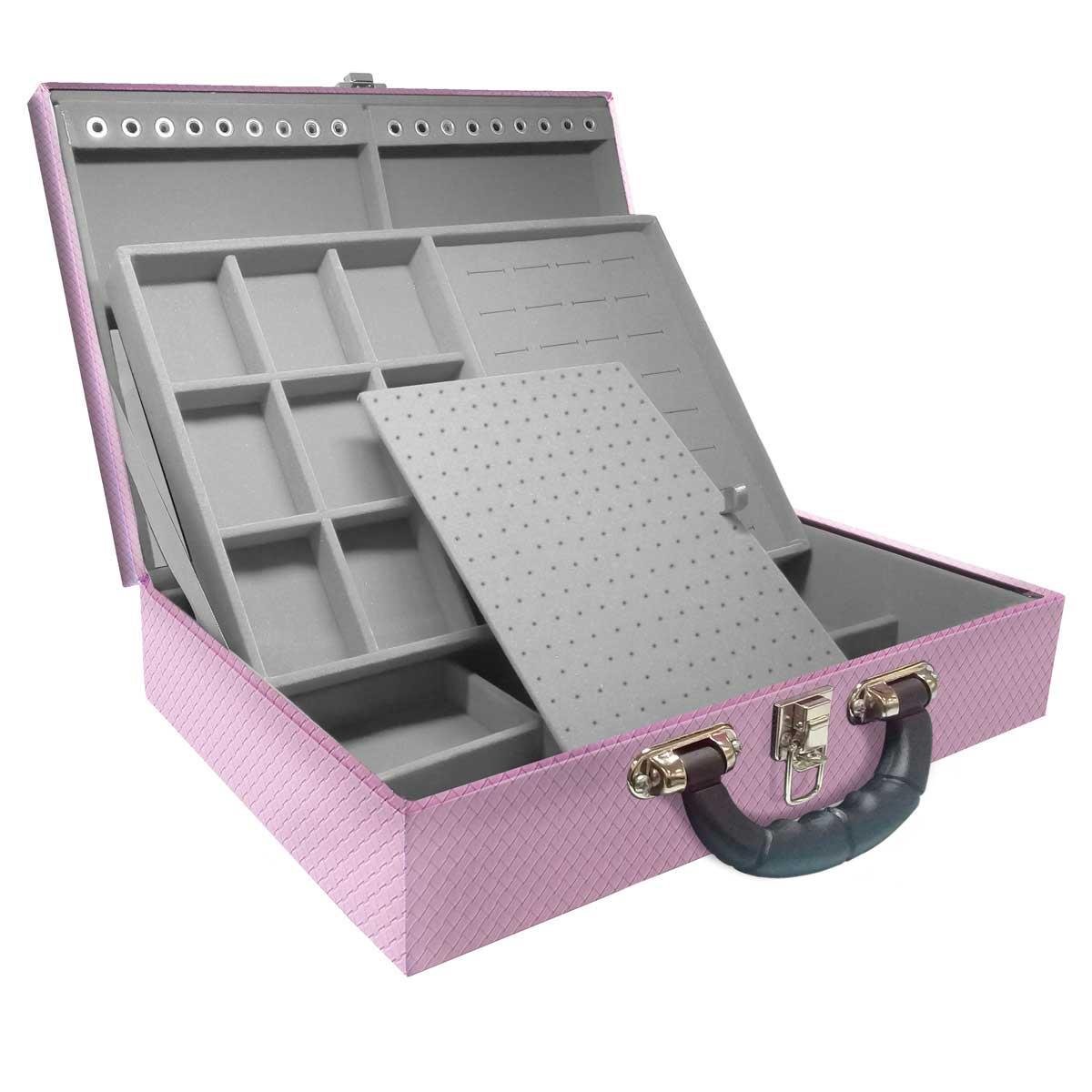 Estojo Maleta Porta Jóias Duplo Grande Ladrilhado Lilás Com Alça Preta e Espelho