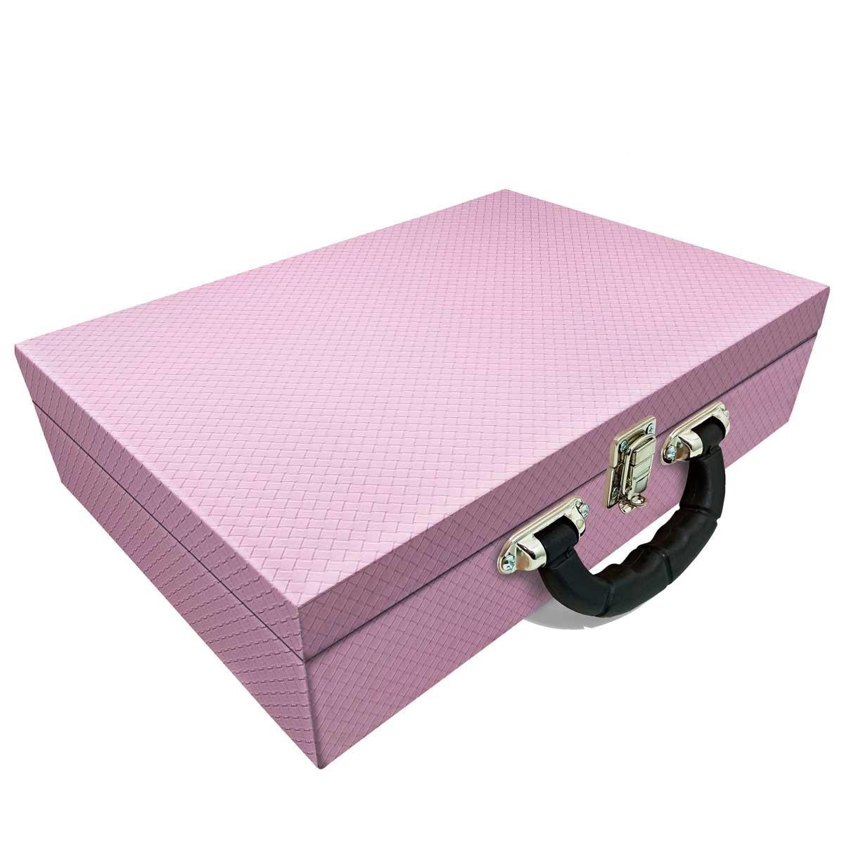 Estojo Maleta Porta Jóias Duplo Grande Ladrilhado Lilás Com Alça Preta e Espelho