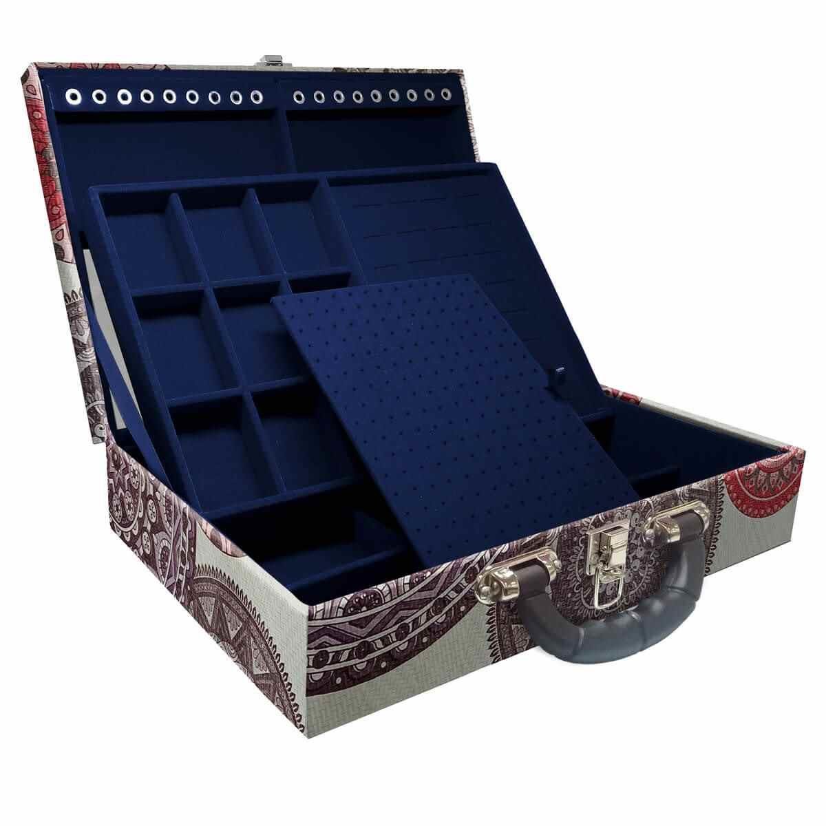 Estojo Maleta Porta Jóias Duplo Grande Mandala Bege Com Alça Preta e Espelho