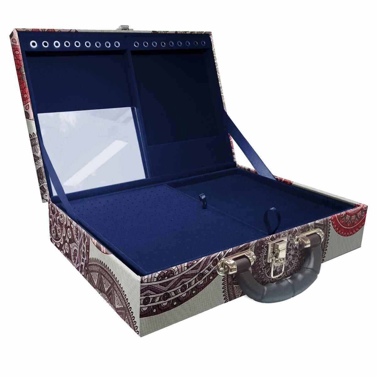 Estojo Maleta Porta Jóias Duplo Grande Mandala Bege Com Alça Preta e Espelho