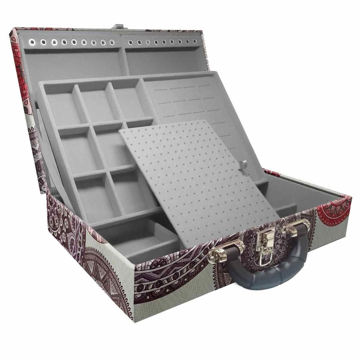 Estojo Maleta Porta Jóias Duplo Grande Mandala Bege Com Alça Preta e Espelho