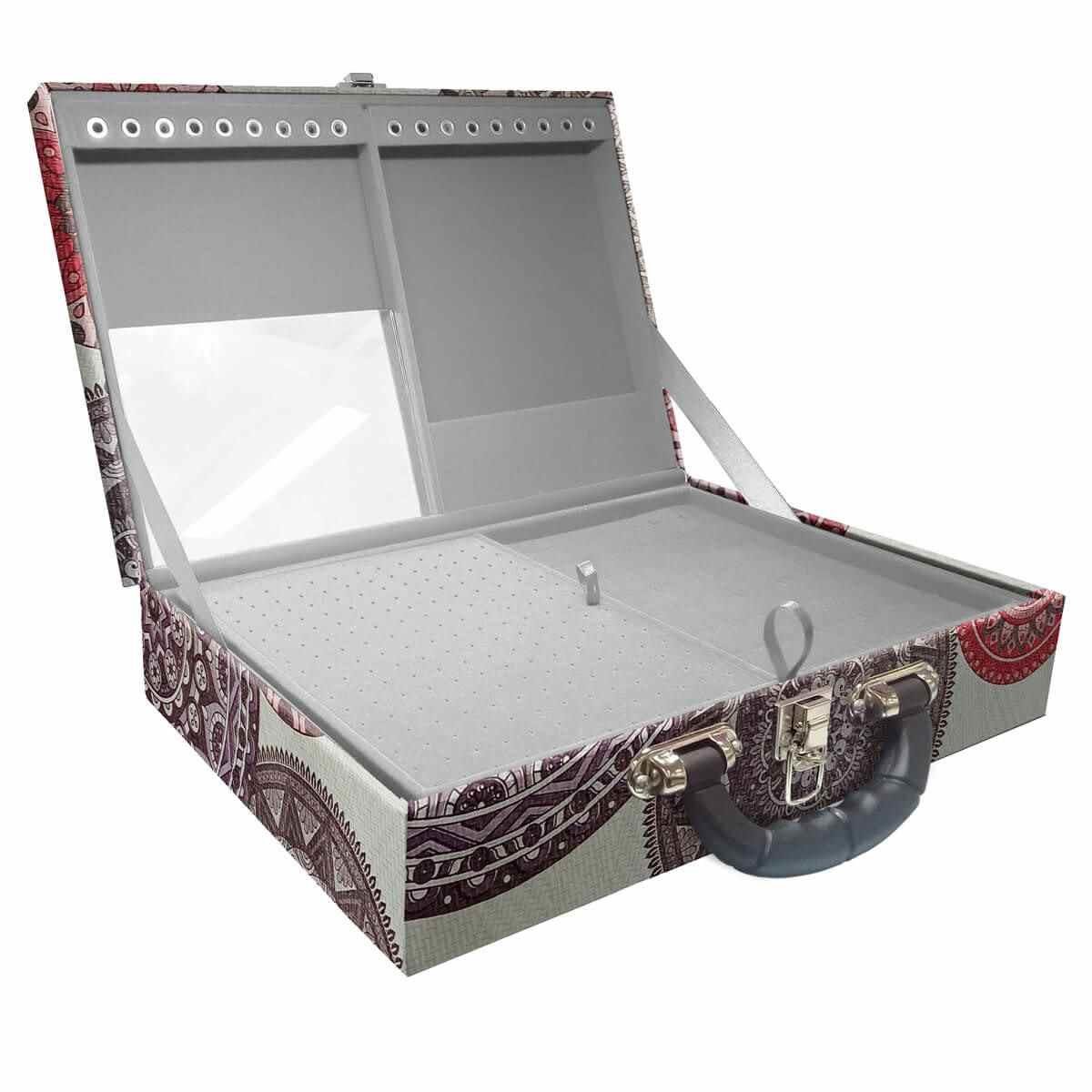 Estojo Maleta Porta Jóias Duplo Grande Mandala Bege Com Alça Preta e Espelho