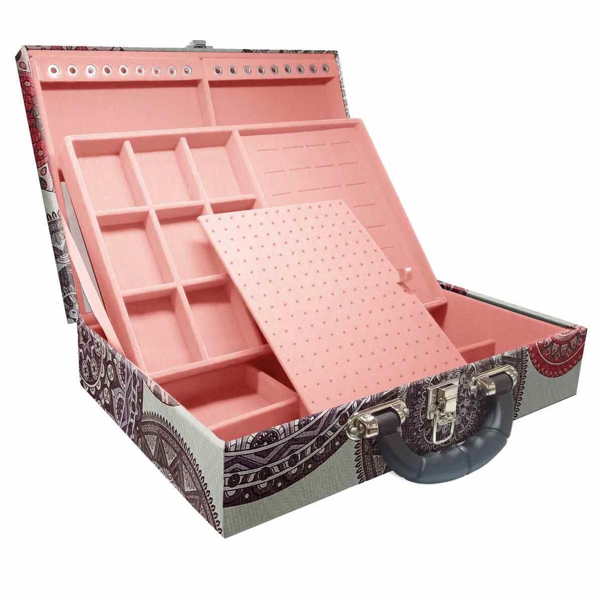 Estojo Maleta Porta Jóias Duplo Grande Mandala Bege Com Alça Preta e Espelho