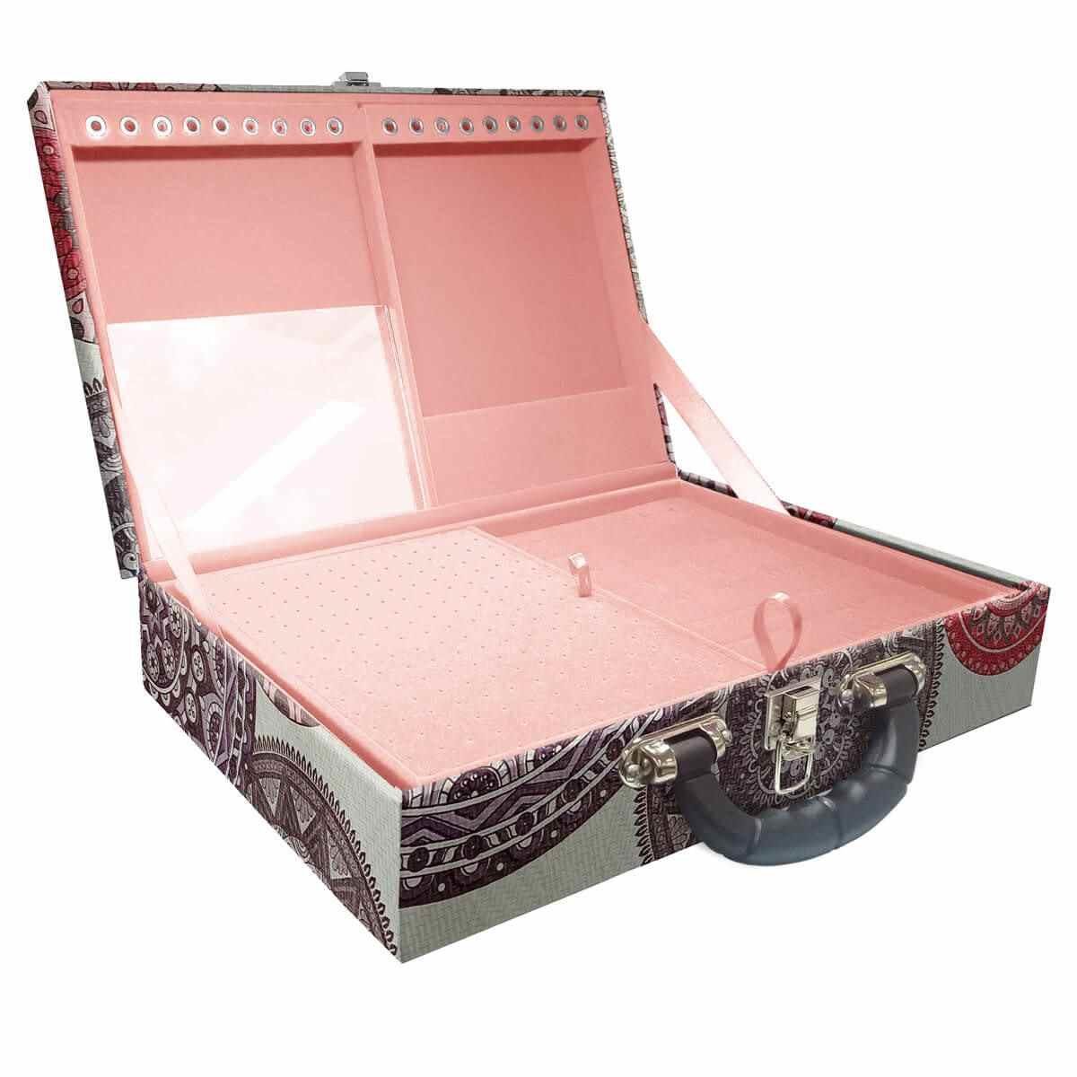 Estojo Maleta Porta Jóias Duplo Grande Mandala Bege Com Alça Preta e Espelho