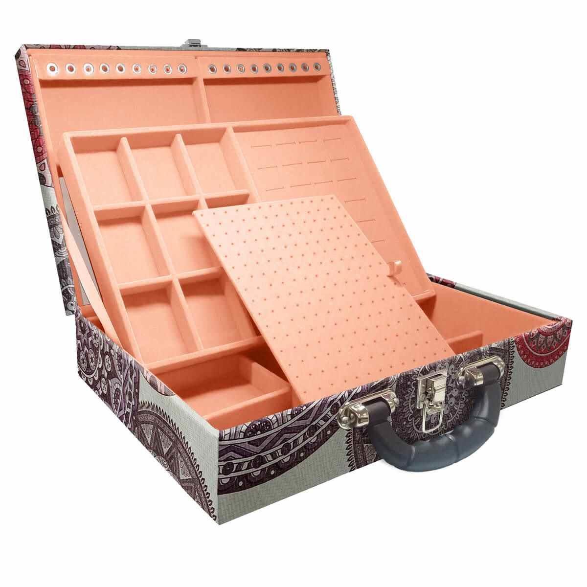 Estojo Maleta Porta Jóias Duplo Grande Mandala Bege Com Alça Preta e Espelho