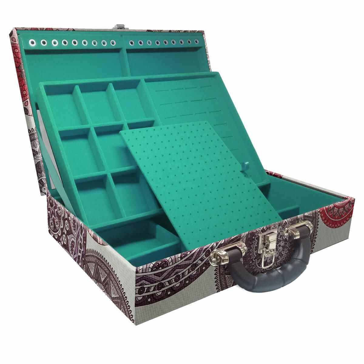 Estojo Maleta Porta Jóias Duplo Grande Mandala Bege Com Alça Preta e Espelho