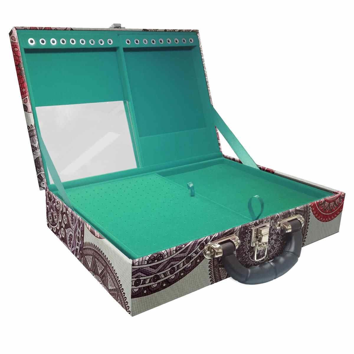 Estojo Maleta Porta Jóias Duplo Grande Mandala Bege Com Alça Preta e Espelho