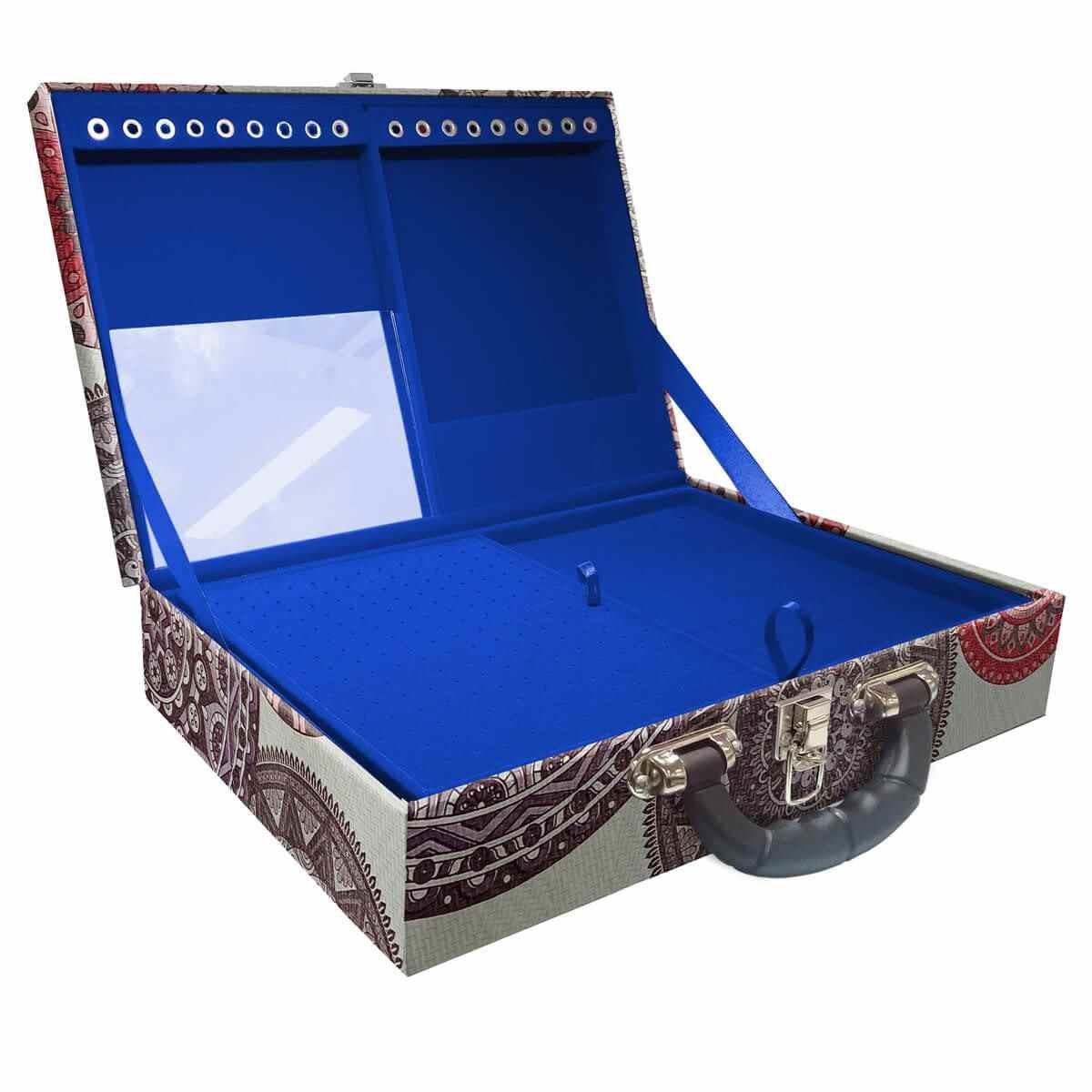 Estojo Maleta Porta Jóias Duplo Grande Mandala Bege Com Alça Preta e Espelho