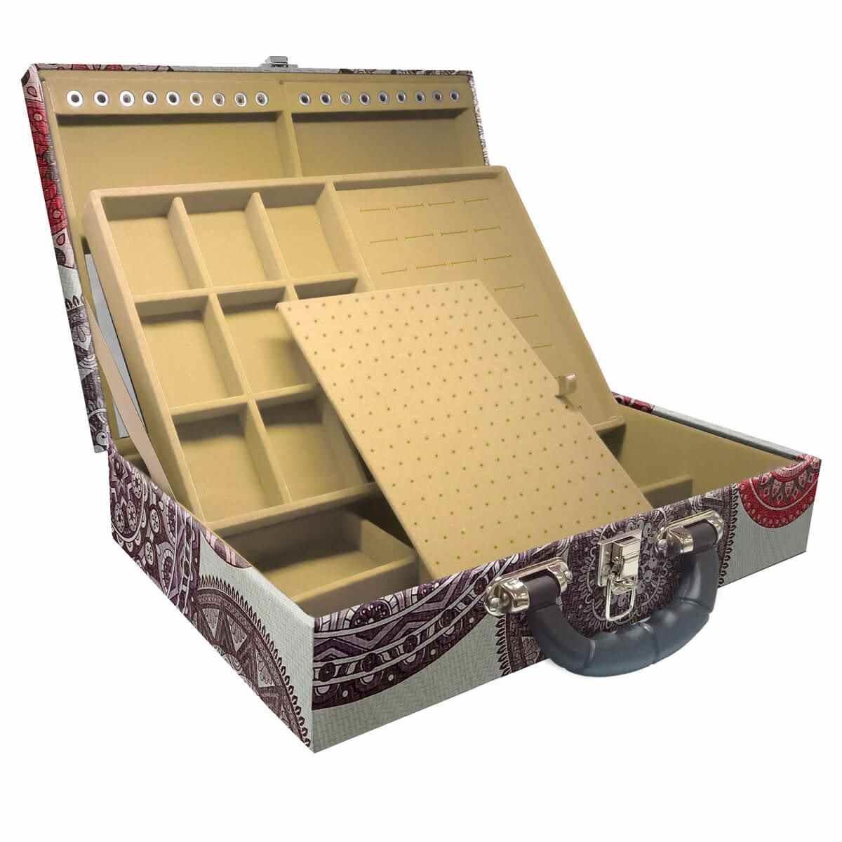 Estojo Maleta Porta Jóias Duplo Grande Mandala Bege Com Alça Preta e Espelho