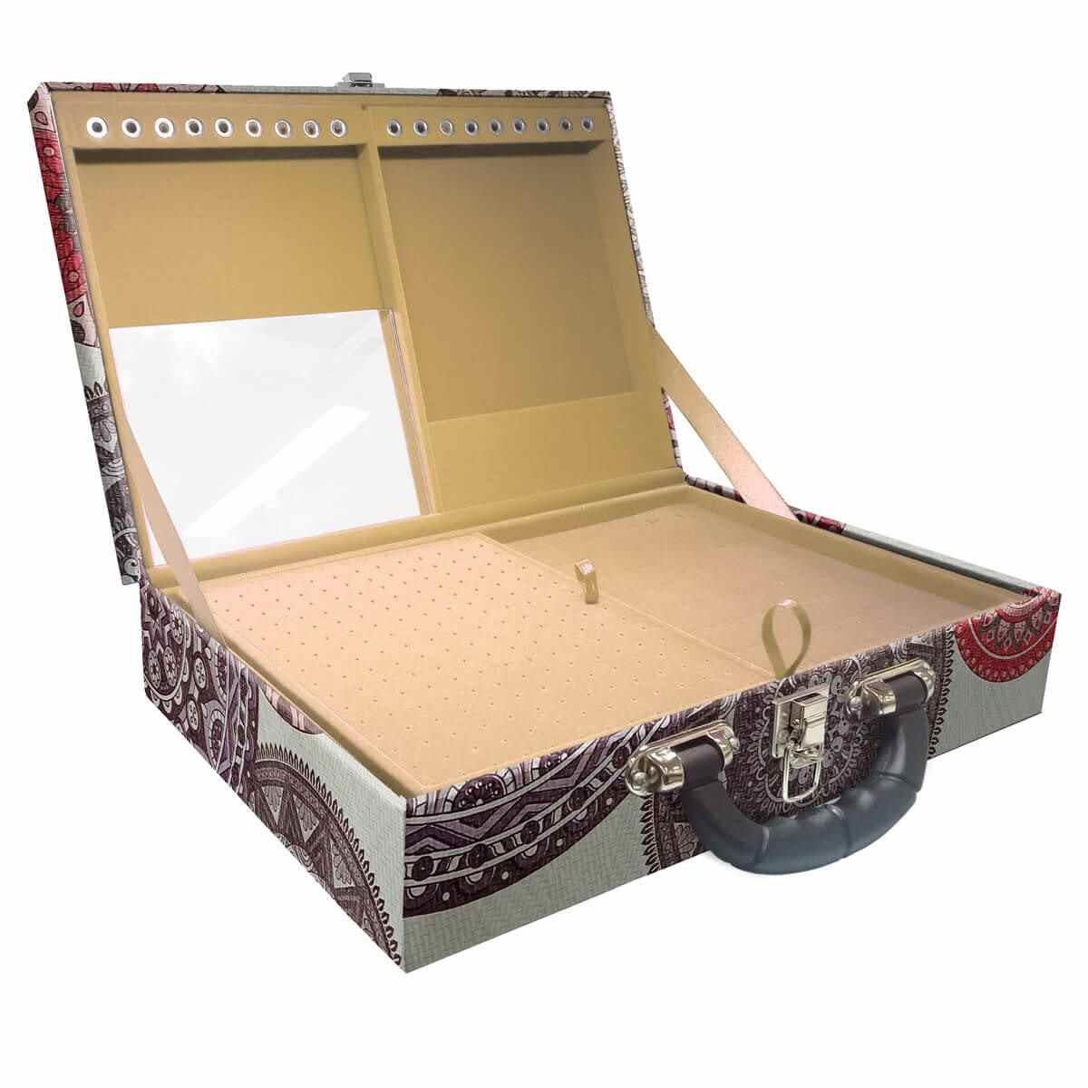 Estojo Maleta Porta Jóias Duplo Grande Mandala Bege Com Alça Preta e Espelho