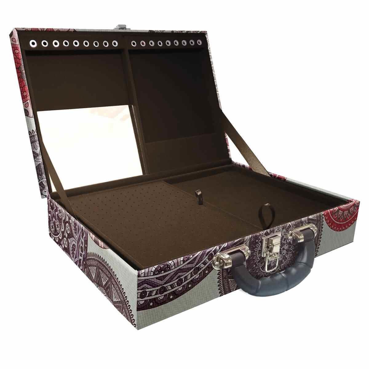 Estojo Maleta Porta Jóias Duplo Grande Mandala Bege Com Alça Preta e Espelho