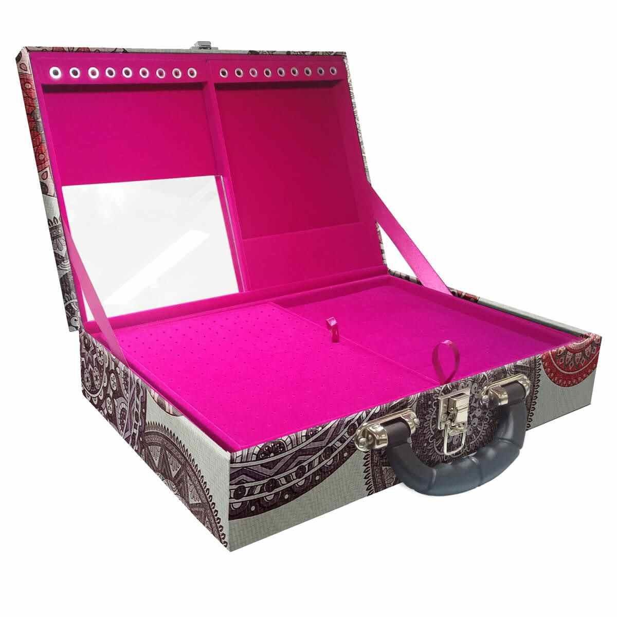 Estojo Maleta Porta Jóias Duplo Grande Mandala Bege Com Alça Preta e Espelho