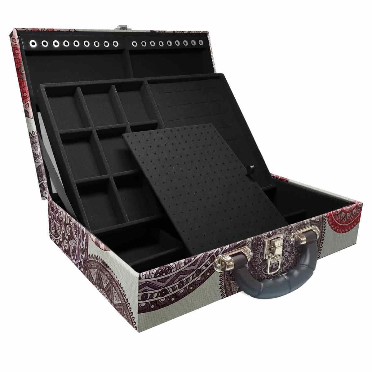 Estojo Maleta Porta Jóias Duplo Grande Mandala Bege Com Alça Preta e Espelho