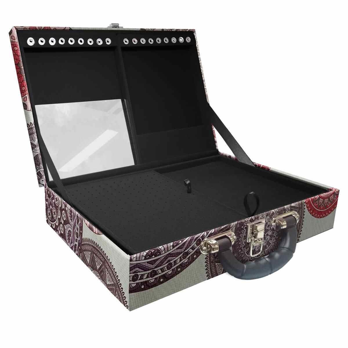 Estojo Maleta Porta Jóias Duplo Grande Mandala Bege Com Alça Preta e Espelho