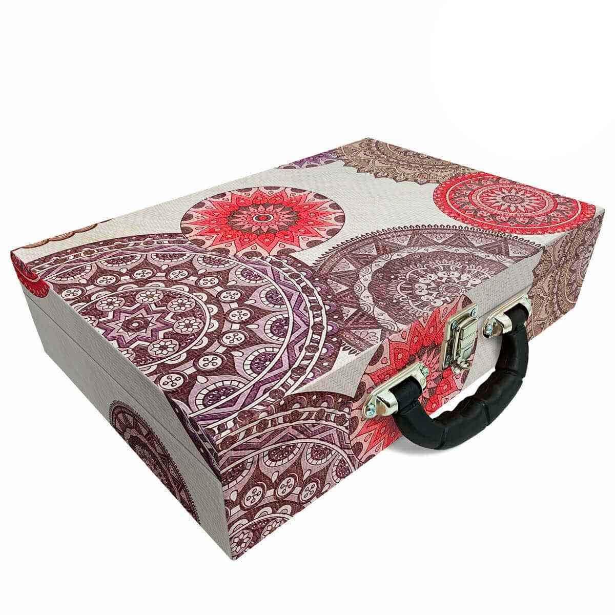 Estojo Maleta Porta Jóias Duplo Grande Mandala Bege Com Alça Preta e Espelho