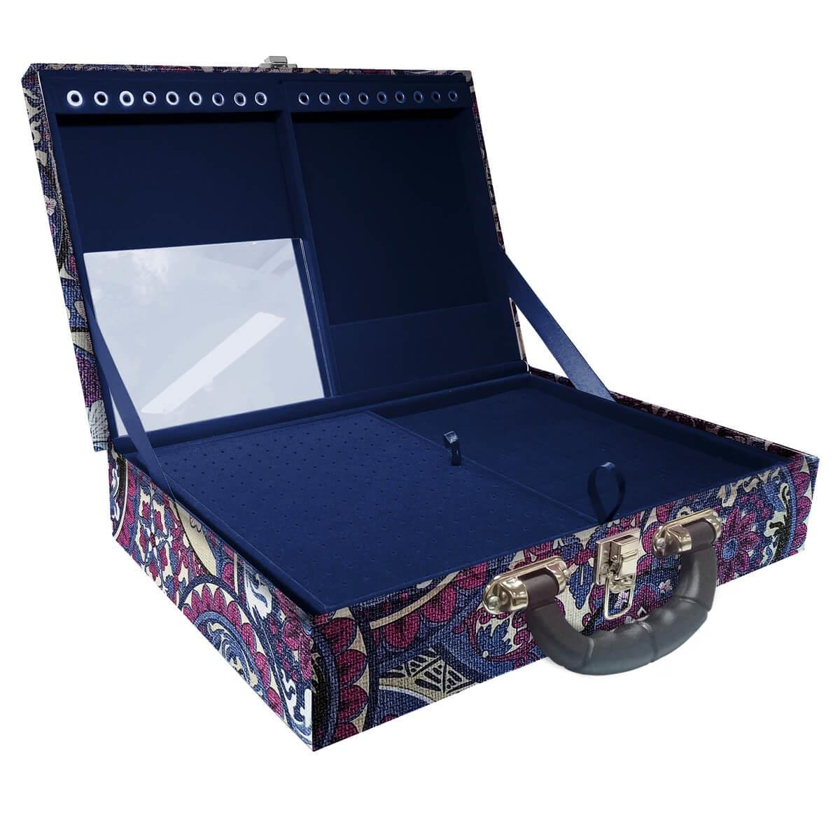 Estojo Maleta Porta Jóias Duplo Grande Mandala Roxa Com Alça Preta e Espelho