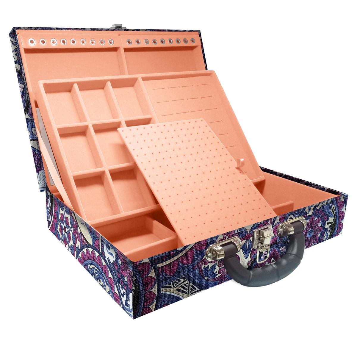 Estojo Maleta Porta Jóias Duplo Grande Mandala Roxa Com Alça Preta e Espelho