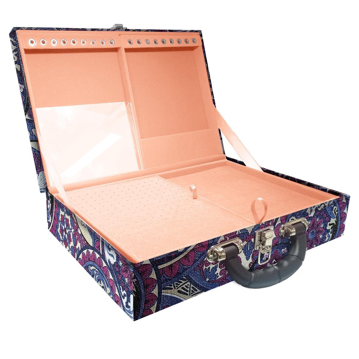 Estojo Maleta Porta Jóias Duplo Grande Mandala Roxa Com Alça Preta e Espelho