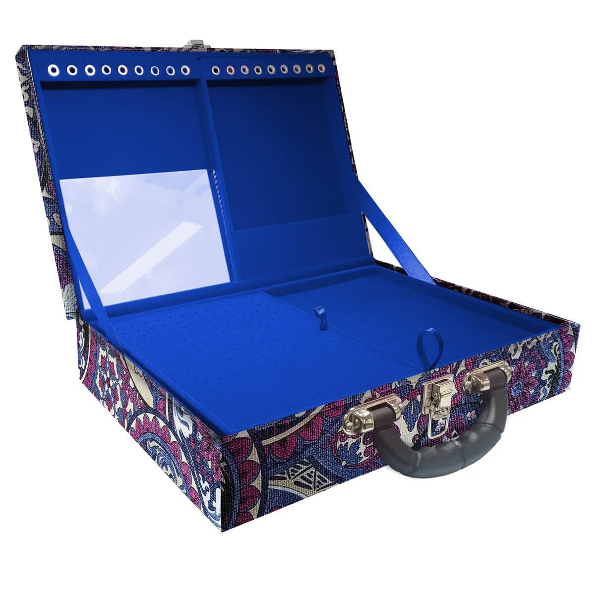 Estojo Maleta Porta Jóias Duplo Grande Mandala Roxa Com Alça Preta e Espelho