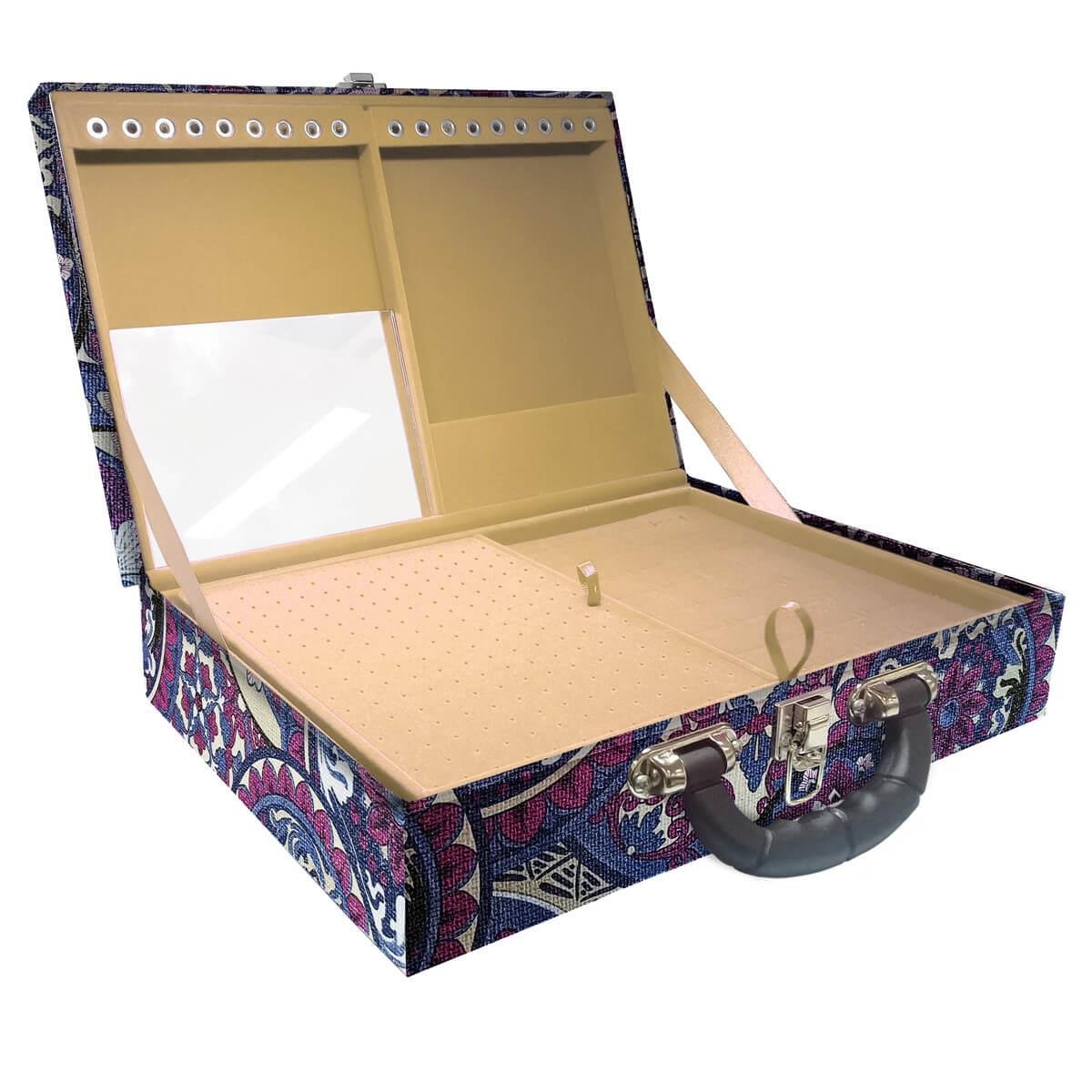 Estojo Maleta Porta Jóias Duplo Grande Mandala Roxa Com Alça Preta e Espelho