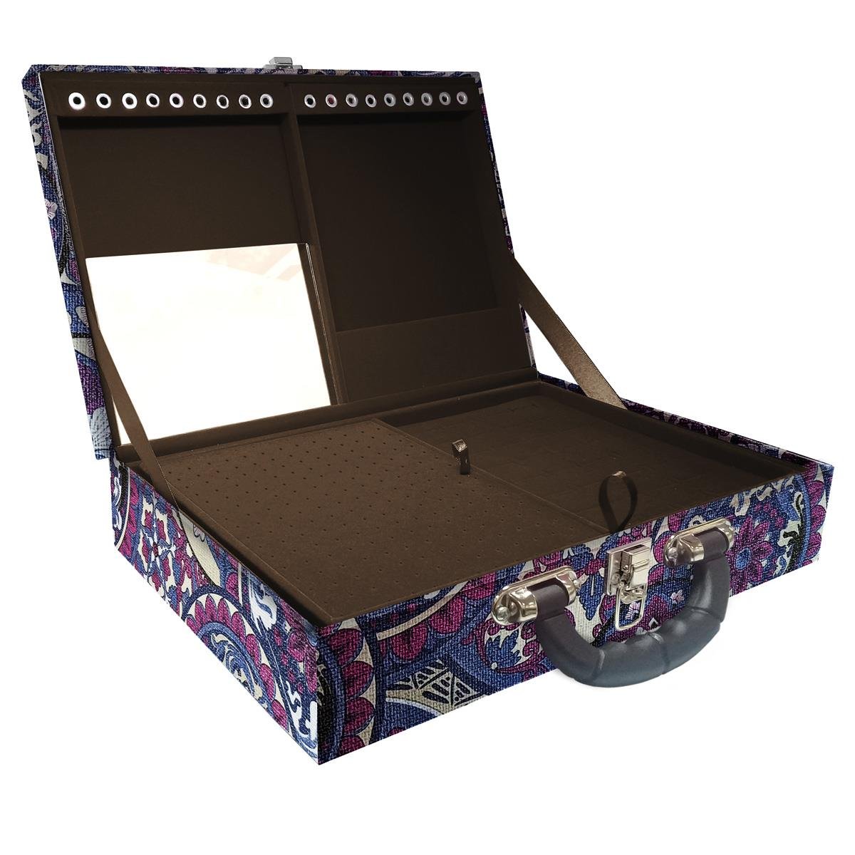 Estojo Maleta Porta Jóias Duplo Grande Mandala Roxa Com Alça Preta e Espelho