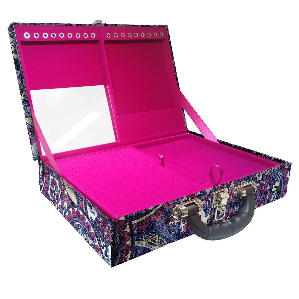 Estojo Maleta Porta Jóias Duplo Grande Mandala Roxa Com Alça Preta e Espelho