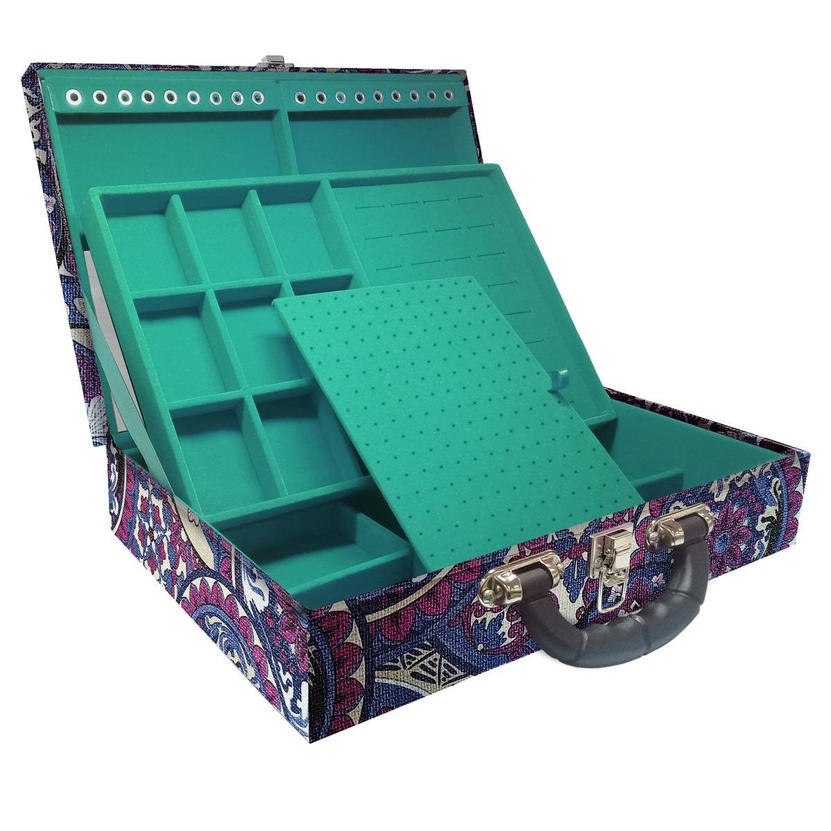 Estojo Maleta Porta Jóias Duplo Grande Mandala Roxa Com Alça Preta e Espelho