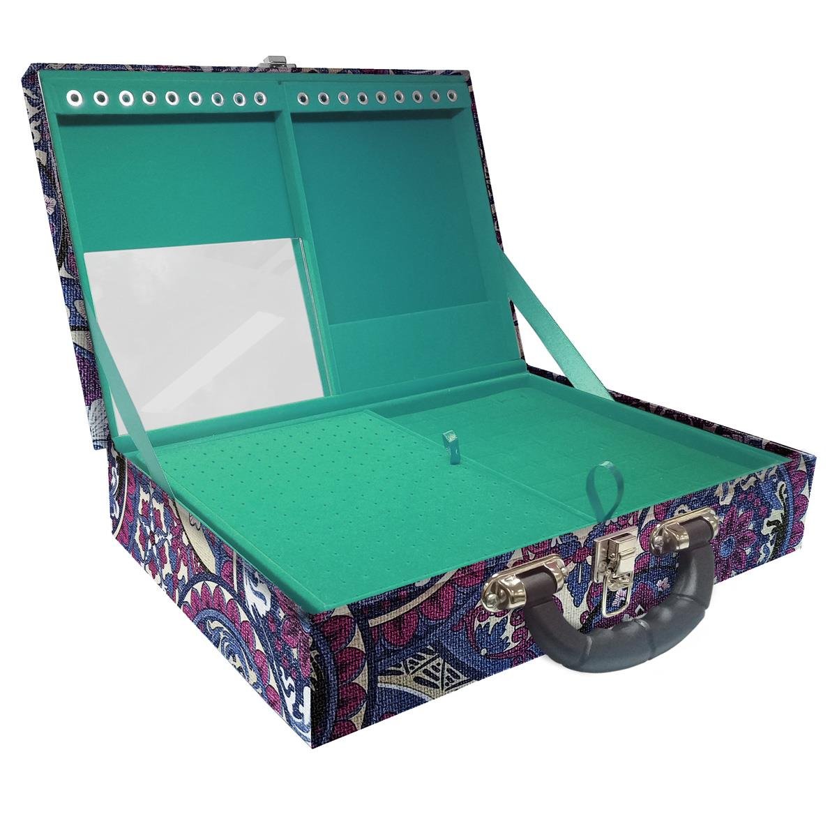 Estojo Maleta Porta Jóias Duplo Grande Mandala Roxa Com Alça Preta e Espelho