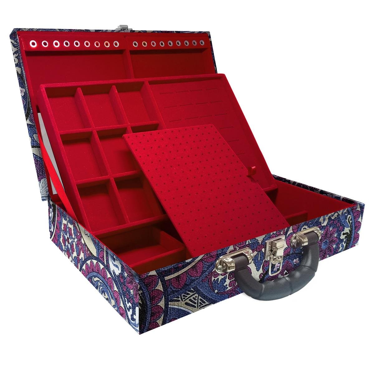 Estojo Maleta Porta Jóias Duplo Grande Mandala Roxa Com Alça Preta e Espelho